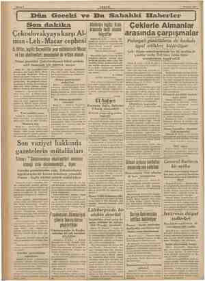  21 Eylül 1938 Dün Geceki ve Bu Sahahki Efakerler Çeklerle Almanlar arasında çarpışmalar Son dakika i Çekoslovakyaya karşı Al-