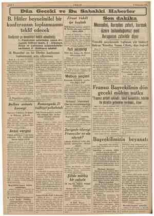  Sahife 2 AKŞAM , 21 Kânunusani 1939, Dün Geceki ve Bu Sabahki Haberler B. Hitler beynelmilel bir konferansın toplanmasını...