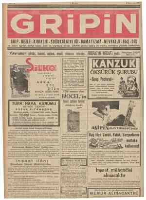  vanTe ız 27 Kârurusani 1939. GRiP- NEZLE - KIRIKLIK - SOĞUKALGINLIĞI -ROMATIZMA - NEVRALJI - BAŞ - DiŞ ve bütün ağrıları...