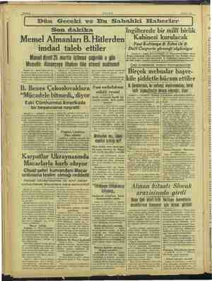  16 Mart 1939 Dün Geceki ve Bu Sabahki Elaberler | Son dakika Memel Almanları B. Hitlerden ımdad taleb ettiler Memel diyeti 25
