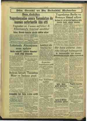    a m AKŞAM 13 Nisan 1939 Dün Geceki ve Bu Sahahki Efaberler Son dakika Yugoslavyadan sonra Yunanistan da kısmen seferberlik