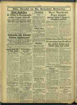    Sahife 2 AKŞAM 18 Nisan 1939 Son dakika B. Hitler'in Rayhştagda nutku 3 saat sürecek Aman cevabının, Berlin gazetelerinin