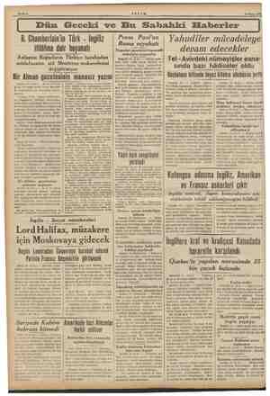  EW Sahife 2 19 Mayıs 1939 Dün Geceki ve Bu Sabahki Haberler B. Ghamberlain'in Türk Ingiliz itildtına dair beyanatı Anlaşma