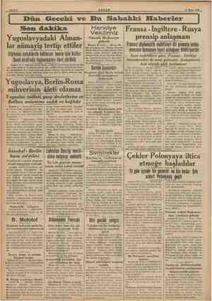    Li 1939 Dün Geceki ve Bu Sakhahki Haberler Son dakika Yugoslavyadaki Alman- lar nümayiş tertip ettiler i Söylenen...