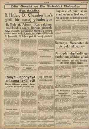    A DO YA Ş N 25 Ağustos 1939 Dün Geceki ve Bu Sahahki Efaberler Son dakika B. Hitler, B. Chamberlain' e gizli bir mesaj...
