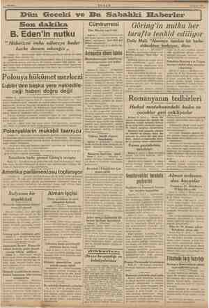    Bahife 2 AKŞAM 12 Eylül 1939 Dün Geceki ve Bu Sakhahki Haberler Son dakika B. Eden'in nutku “ Hitlerizmi imha edinceye...