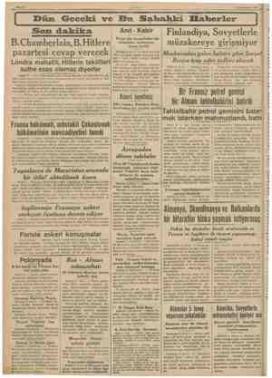    'i Teşrinieyvel 1939 Dün Geceki ve Bu Sabahki Haberler Son dakika | B.Chamberlain, B. Hitlere pazartesi cevap verecek...