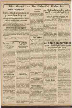  18 Teşrinleyvel 1939 Dün Geceki ve Bu Sahbahki Haberler Son dakika İngiliz Başkumandanının gazetecilere beyanatı Harpte...
