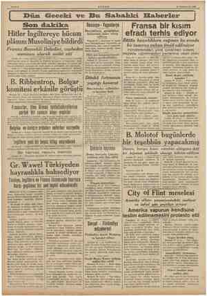  30 Teşrinlevvel 1939 Dün Geceki ve Bu Sakbahki Haberler Son dakika Hitler İngiltereye hücum plânını Musoliniye bildirdi...