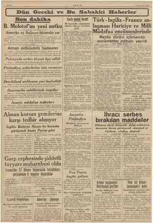    7 'Teşrinisani 1939 ii Dün Geceki ve Bu Sahahki Haberler Son dakika B. Molotof'un yeni nutku Amerika ve İtalyaya hücumlar