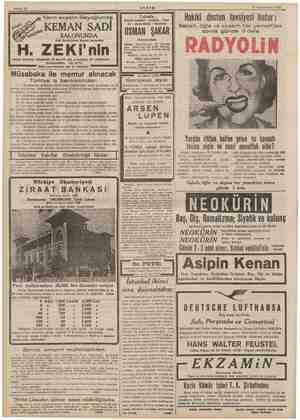  Sahife 12 Yarın akşam Beyoğlund .KEMAN SAD SALONUNDA Eski Darüttalimi Musiki âzasından H. ZEKi'nin Sanat hayatına intisabının