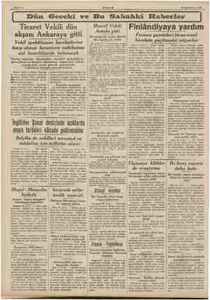  25 Kânunuevvel 1939 Dün Geceki ve Bu Sabahki Elaberler Ticaret Vekili dün akşam Ankaraya gitti Vekil spekülâsyon...