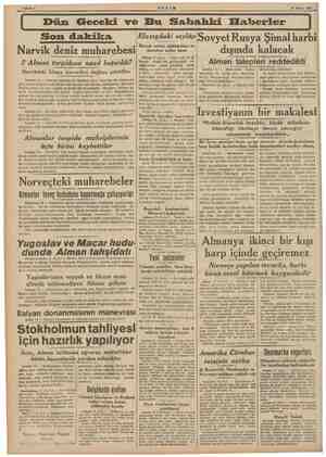  14 Nisan 1940 Dün Geceki ve Bu Sabhahki Elfaberler Elazıgdaki seylip Sovyet Rusya Şimal harbi dışında kalacak Alman talepleri