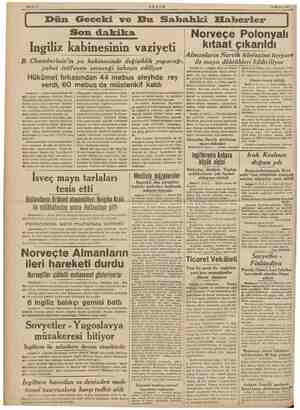  9 Mayıs 1940 Dün Geceki ve Bu Sabahki Elfaberler Son dakika İngiliz kabinesinin vaziyeti B. Chamberlain'in ya kabinesinde...