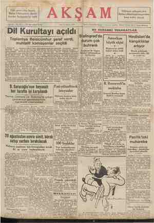       Sene 24 — No. 8552 — Flati her yerde 5 kuruş SALI 11 Ağustos 1942 Dil Kurultayı açıldı Türk gazeteciler heyeti, Macar