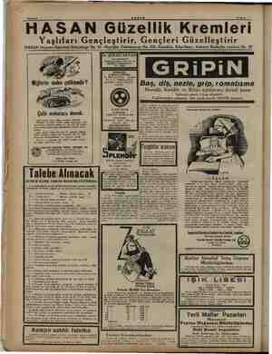  Sahife 8 EŞ 27 Eylül -— HASAN Güzellik Kremleri Yaşlıları Gençleştirir, Gençleri Güzelleştirir HASAN Deposu:i Sr KAAN No. 25