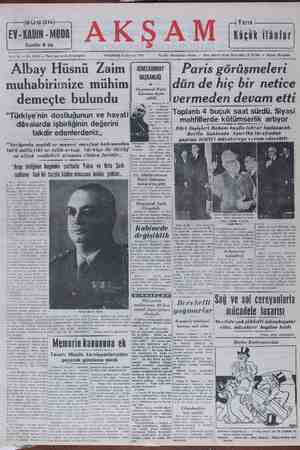    UGUN; EN “KADIN - MODA Sahife 6 da Albay Hüsnü Zaim muhabirimize mühim demeçte bulundu PERŞEMBE 9 Haziran 1949 Bahibi:...
