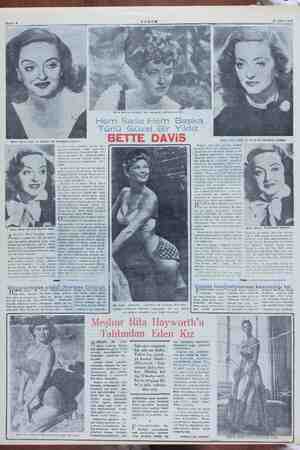      Sahife 6 R AKŞAM 27 Mâyıs 1952 Bette Davis hazin ve üzgün bir tebessümle gülüyer Tekrar o Nevyork'a geliyor; bur:...