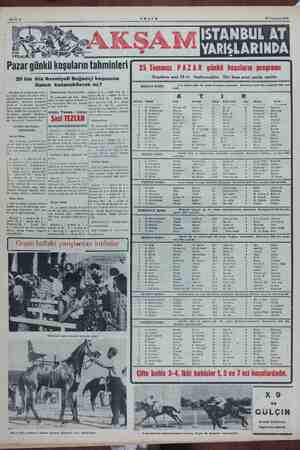    Bahife 6 24 Tenimuz 1954 İş » mL Pazar gü ünkü Klan tahminleri 20 bin lira ikramiyeli Boğaziçi iğ nbul at yarışlarının 9