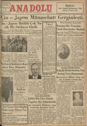      Yirmidördüncü Yıl No. 6233 Te Cumartesi HAZIRAN 1935 İzmir'de hergün sabahları çıkar, siyasal "gazetedir. Çin — Jap on