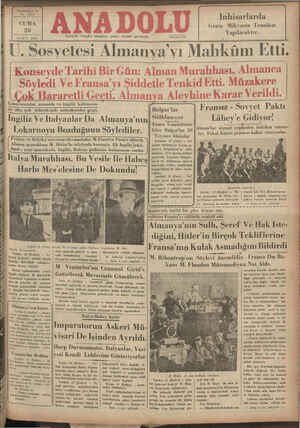    Yürmibeşinci Yel No. 6476 CUMA 20 MART 1936 İzmir'de bergün sabahları çıkar, siyasal gazetedir. Telef on: 2776 Inhisarlarda