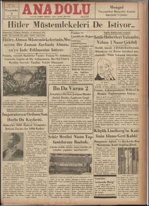  Yirmibeşteci Yıl No, 6485 Perşembe 2 Nisan 1936 izmir'de hergün sabahları çıkar, #iyasal gazetedir. Telef on: 2776 Mongol...