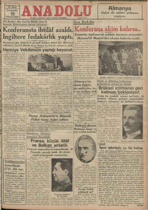    F Yirmibeşinci yıl No. 6664 Çarşamba 15 Temmuz 1936 Hergün sabahları Pol Bonkur dün Tevfik Rüşdü Aras'la konuştu....