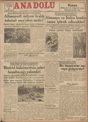    | Yirmialtıncı yıl Ağustos 1936 “ANA DOLU Hergün sabahları çıkar, siyasal gazetedir. Rusya, Montrö mukavelenamesini tasdik