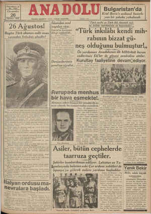    a | Yirmialtıncı yıl No. 7000 Çarşamba 26 Iouslos 1936 26 Ağustos! Bugün Türk okunun milli iman vayından fırladığı gündür!