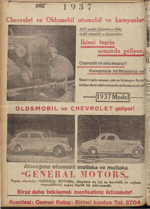    d Sayfa10 ANADOLU 29 /10/ 936 DAĞ 1957? 7 î 1937 model Chevrolet ve Olds- | mobil otomobil ve kamyonları o! ü Yadı Otomobil