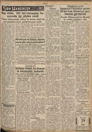  29 Maziran 037 SK Bay Hitler, 100 bin"nümayişçi LER - yöR U ANADOLU hu zurunda bir söylev verdi Valans hüküme tün devletlere