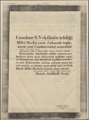  rin PERŞEMBE 1936 Cumhur R.Vekilinin tebliği Millet Meclisi yarın Ankarada topla- narak yeni Cumhurreisini seçecektir Ankara,