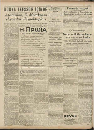    18 İkinciteşrin CUMA 1938 DÜNYA TEESSÜR İÇİNDE Atatürkün, G. Metaksas el yazıları ile mektupları Bir Çin gazetesi, “O...