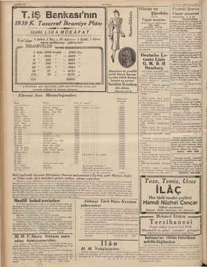     T.iŞ Bankası'nın 1939 K. Tasarruf İkramiye Plânı ANADOLU) T SÜ Olivier ve Şürekâsı LİMİTET Vapur acentası Birinci Kordon