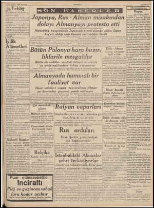  #27 “Ağustos 1939 PAZAR 3 Tebliğ — Baştarafı 1 inci sahifede — lat halinden başka hususi bir veha- metin icabı | Dünya v...
