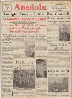  Yirmi Dokuzuncu Yıl No: 7927 CUMA f EYLÜL 1939 Danzıgte Ansızın Ihtilâl Baş Gösterdi Her gün sabahları İzmirde çıkar Siyasi