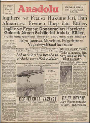  Yirmı Dokuzuncu Yıl No, 7930 Pazartesi 4 EYLÜL 1939 Nü Anadolu Hor gün sabahları İzmirde çıkar Si ü gazetedir, Telefon No.