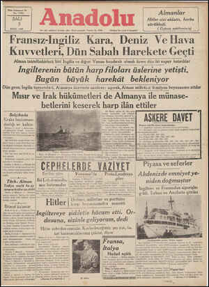  Yirmi Dokuzuncu Yıl No; 7931 SALI 9 EYLÜL 1939 Anadolu Her gün sabahları İzmirde çıkar Siyasi gazetedir. Telefon No. 2776...