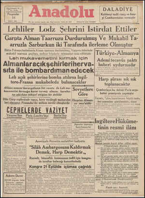  Yirmi Dokuruncu Y J 357 No, 7940 Perşembe 14 EYLÜL 1939 VA Her gün sabahları Izmirde çıkar Siyaı? gazetedir. Telefon No. 2776