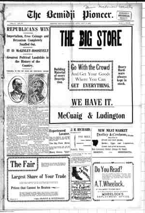 Bemidji Pioneer Newspaper 8 Kasım 1900 kapağı