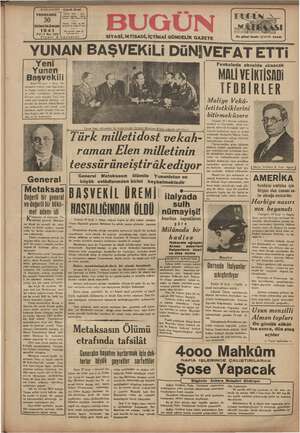 Bugün Gazetesi 30 Ocak 1941 kapağı
