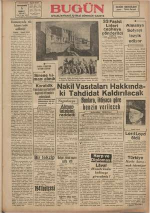 Bugün Gazetesi 6 Şubat 1941 kapağı
