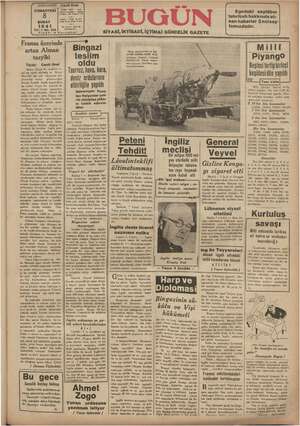 Bugün Gazetesi 8 Şubat 1941 kapağı