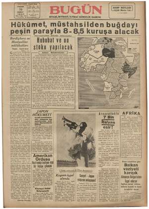Bugün Gazetesi 16 Şubat 1941 kapağı