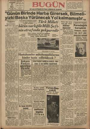 Bugün Gazetesi 27 Mart 1941 kapağı