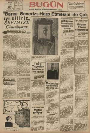 Bugün Gazetesi 30 Mart 1941 kapağı