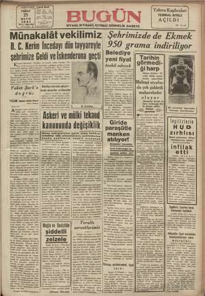 Bugün Gazetesi 25 Mayıs 1941 kapağı