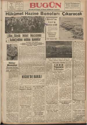 Bugün Gazetesi 3 Haziran 1941 kapağı