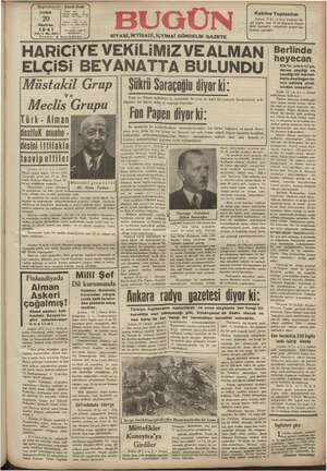 Bugün Gazetesi 20 Haziran 1941 kapağı