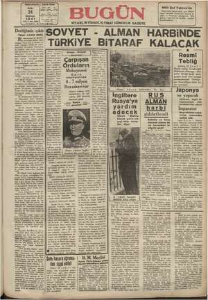 Bugün Gazetesi 24 Haziran 1941 kapağı